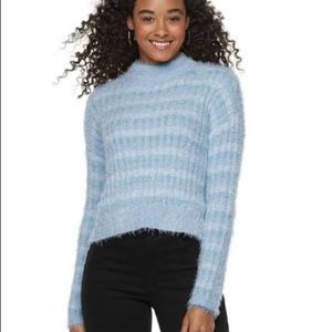 Blue Striped Fuzzy Turtleneck Sweater